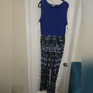NY Collection Royal Blue Sleeveless Surplice Jumpsuit with Printed Pants